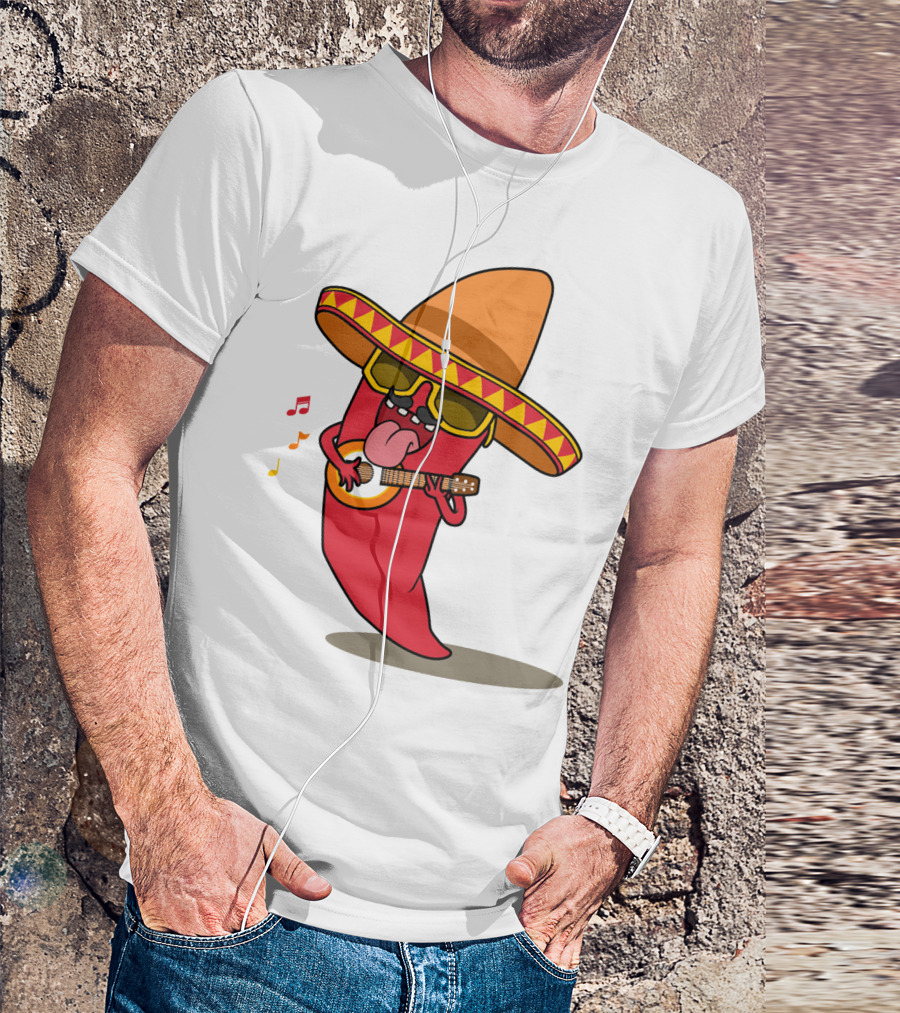 Mexican Chili Pepper Playing Guitar In Sombrero T-Shirt