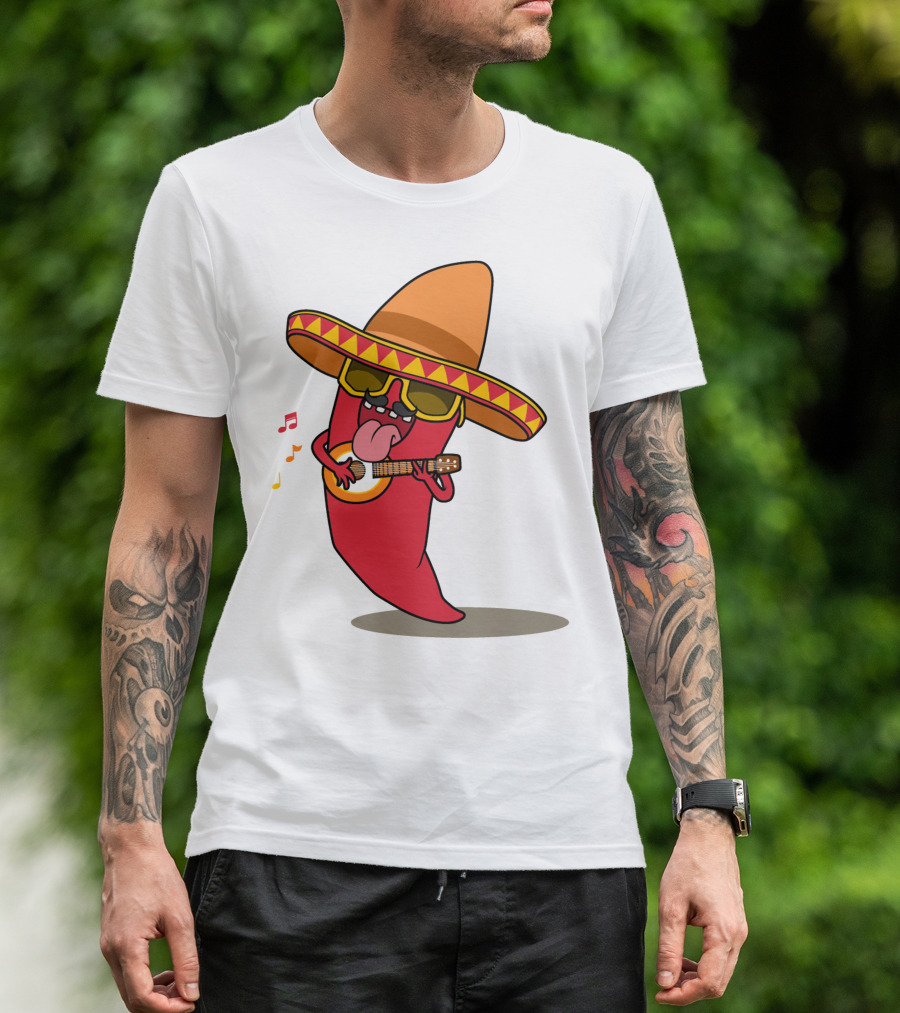 Mexican Chili Pepper Playing Guitar In Sombrero T-Shirt