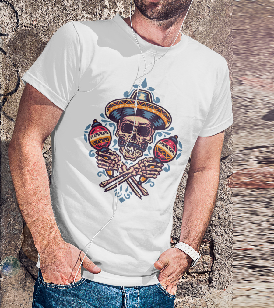 Sombrero Skull With Maracas Mexican T-Shirt