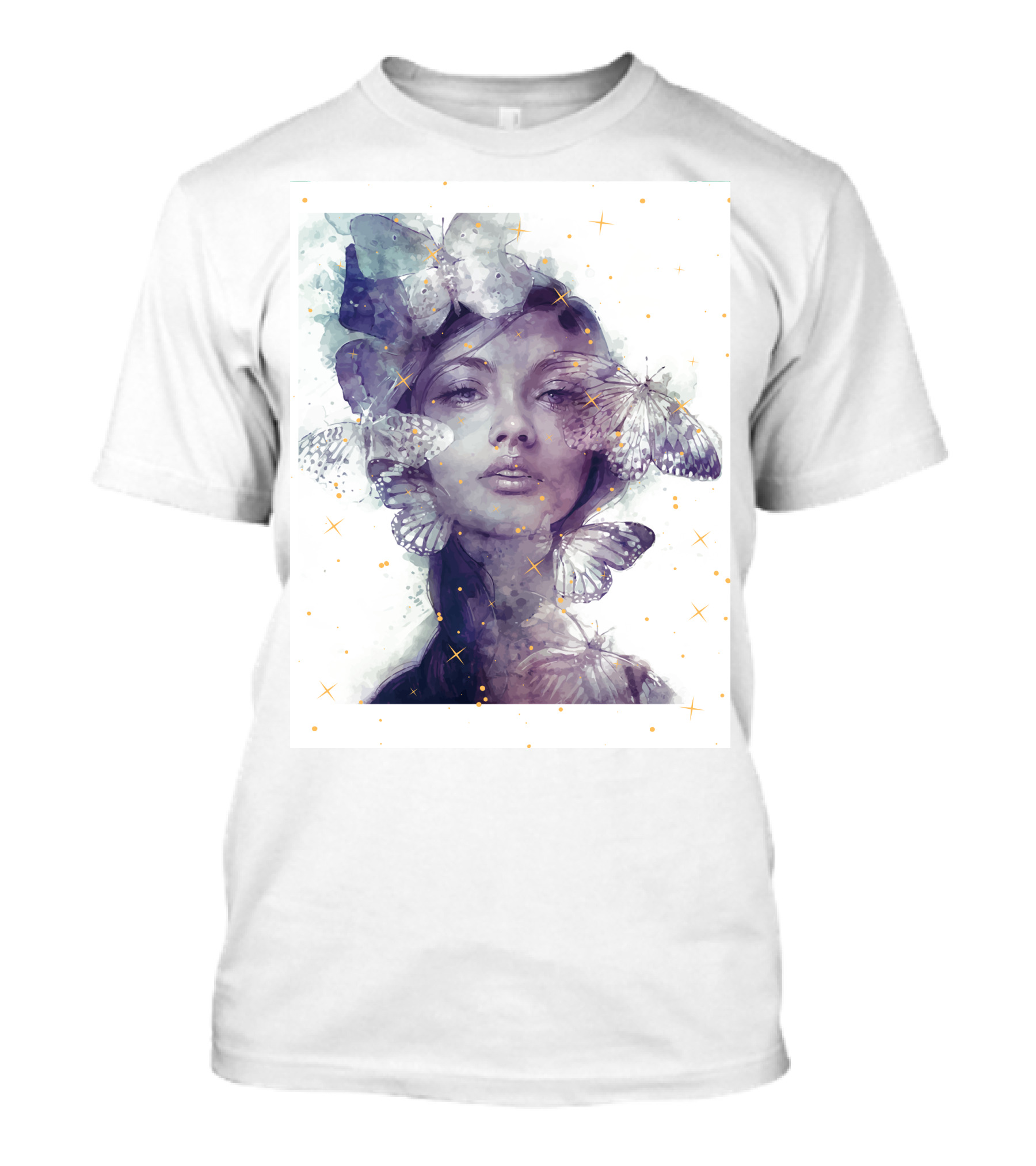 Butterfly And Girl Dreamy Watercolor Portrait With Stars T-Shirt