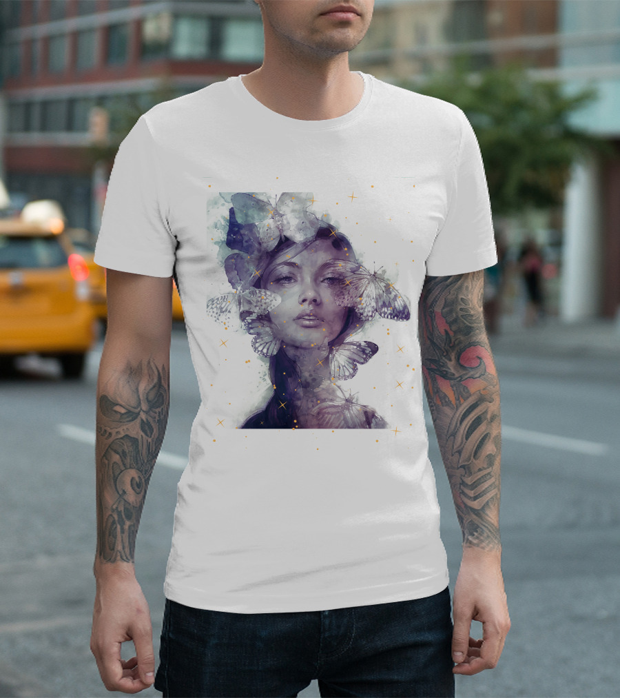 Butterfly and Girl Dreamy Watercolor Portrait with Stars T-Shirt