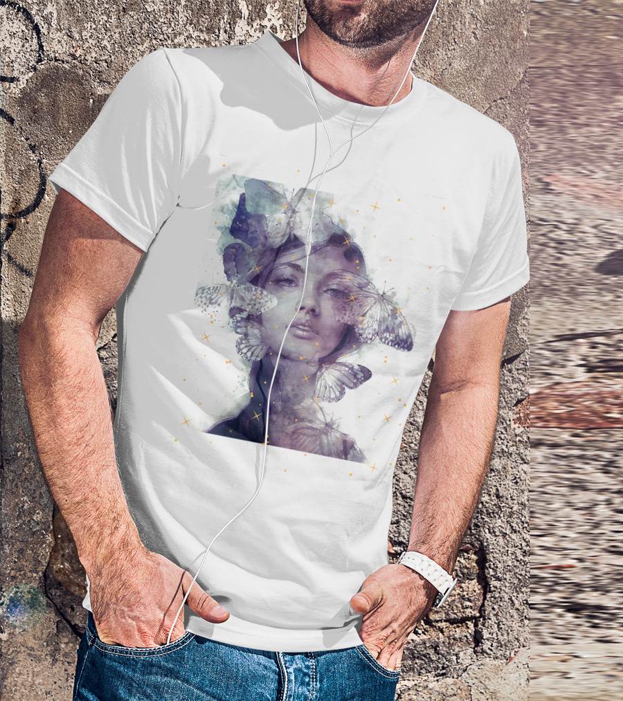 Butterfly And Girl Dreamy Watercolor Portrait With Stars T-Shirt