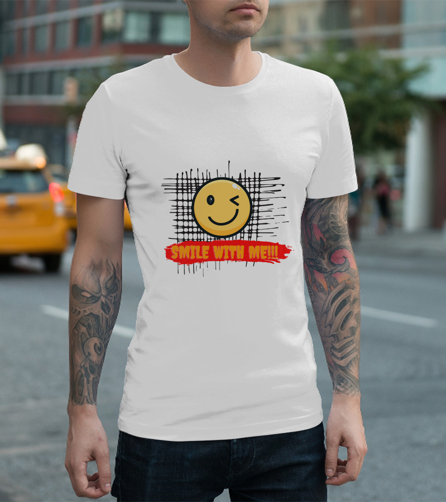SMILE WITH ME Winking Smiley Face and Checkered Grid Background T-Shirt