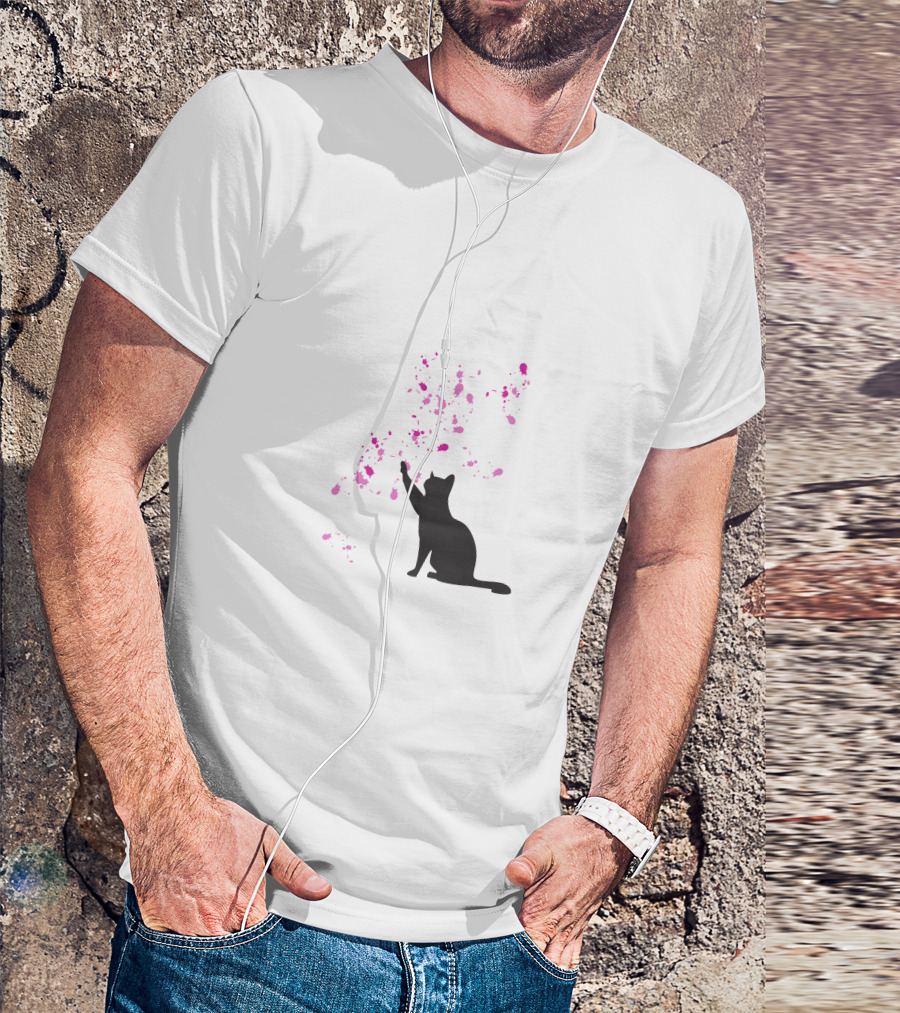 Cat And Pink Splatter Blooms T-Shirt