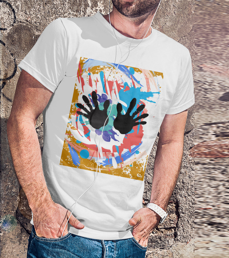 Colorful Splash With Black Handprints T-Shirt