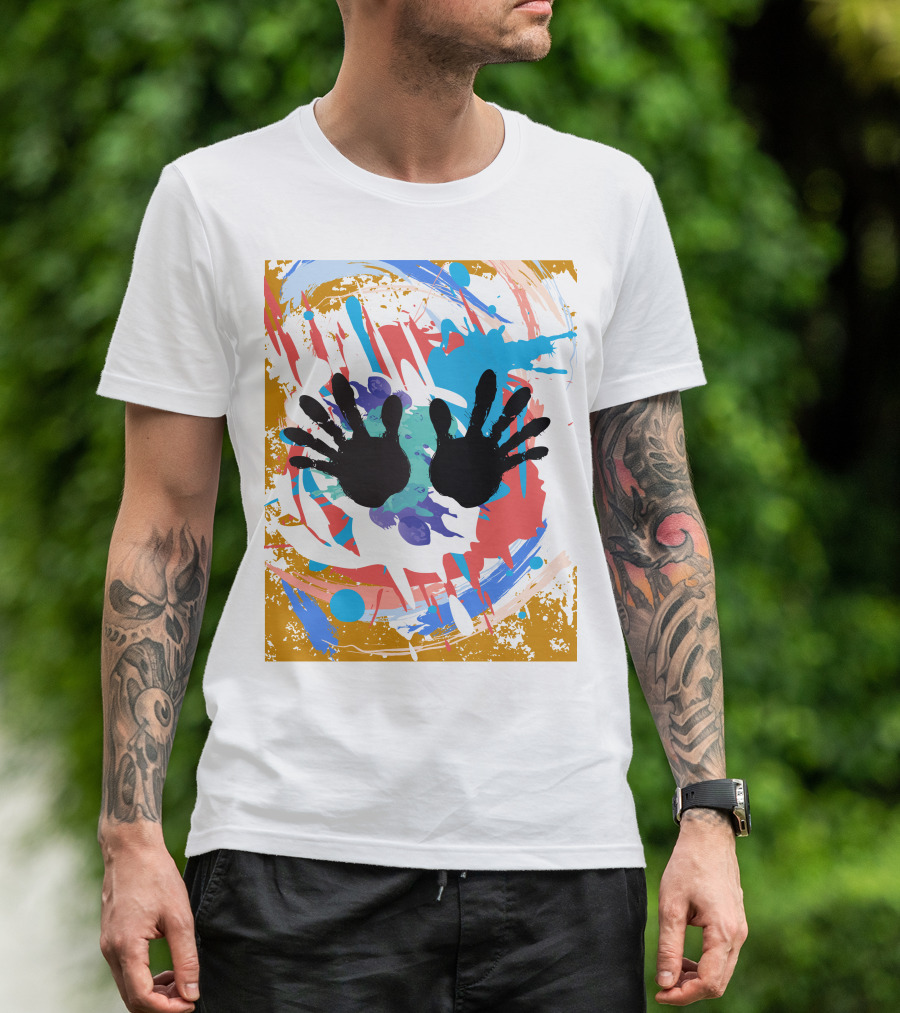 Colorful Splash With Black Handprints T-Shirt