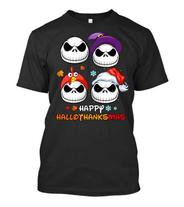 Happy Hallothanksmas Jack Faces With Witch Turkey Santa Hats T-Shirt