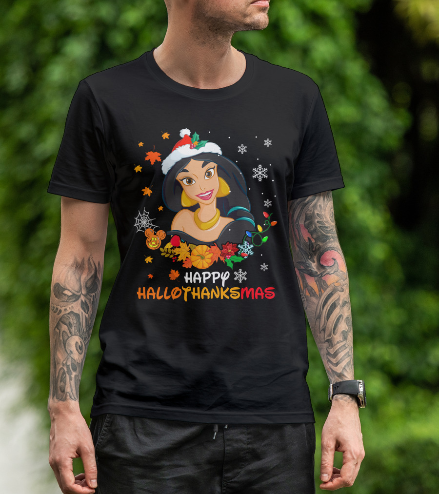 Jasmine Happy Hallothanksmas Snowflakes Autumn Leaves Santa Hat T-Shirt