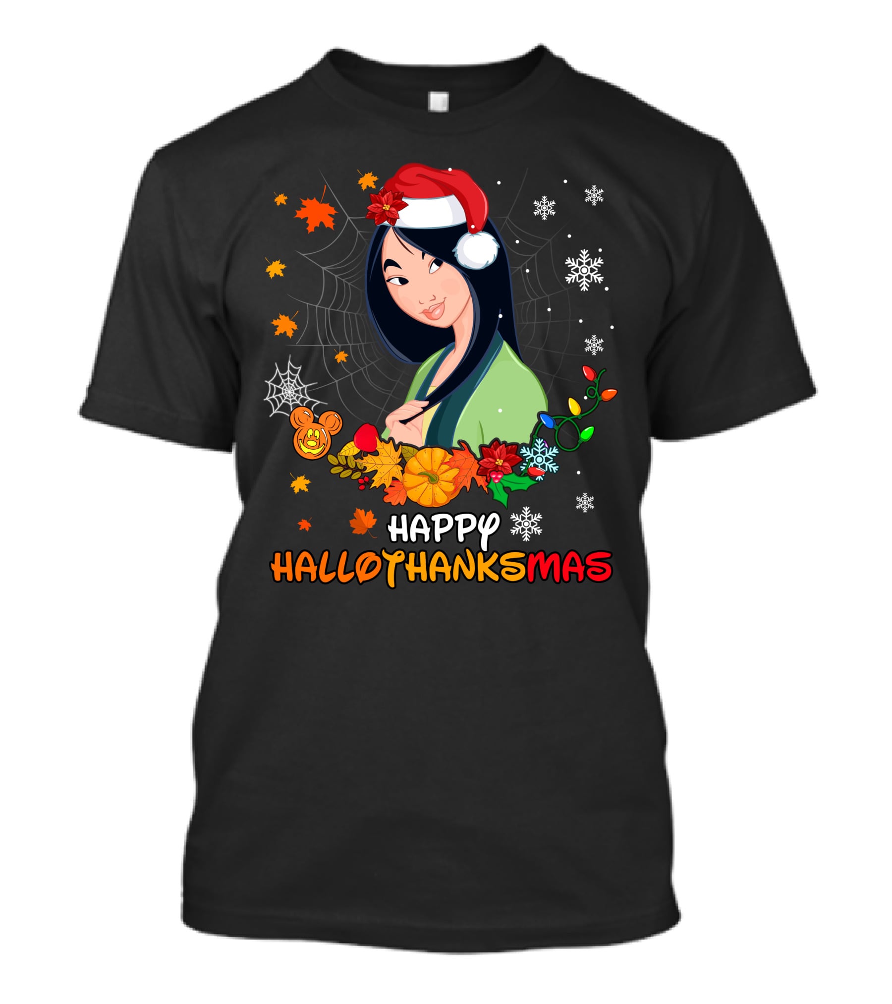 Happy Hallothanksmas Mulan Snowflakes Santa Hat Leaves T-Shirt