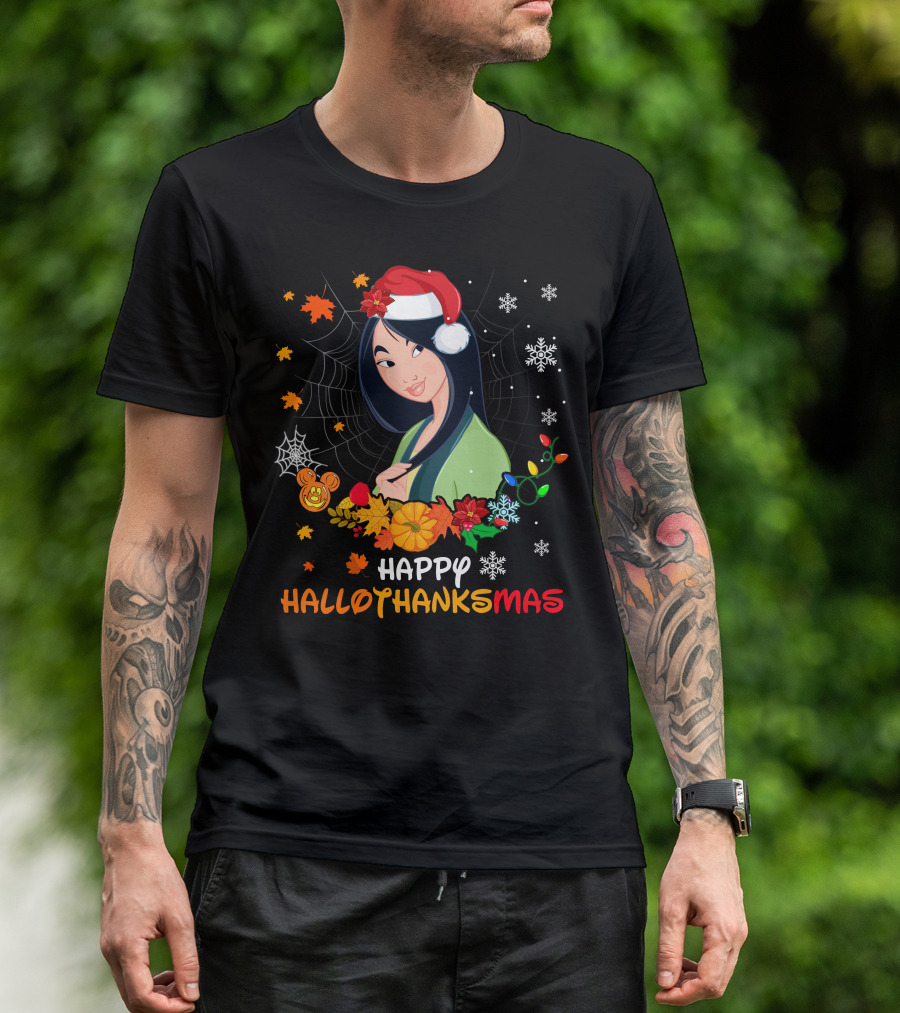 Happy Hallothanksmas Mulan Snowflakes Santa Hat Leaves T-Shirt