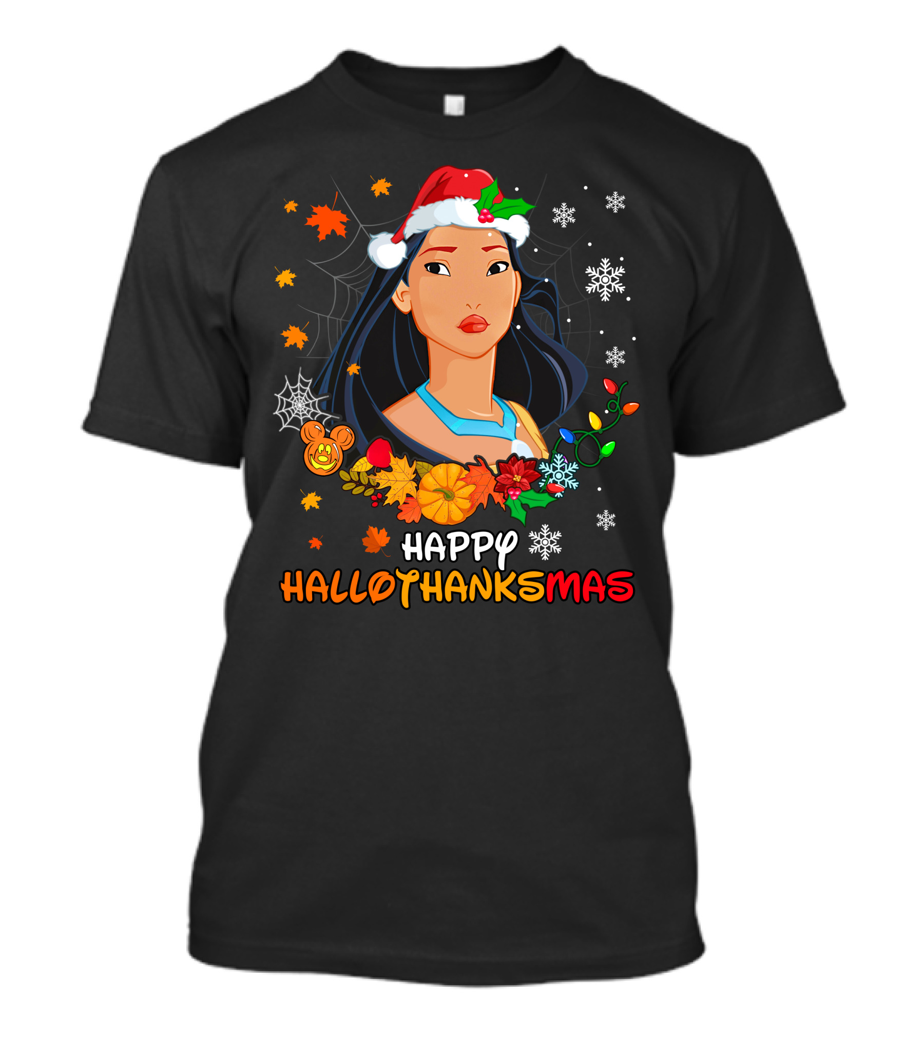 Happy Hallothanksmas Pocahontas Santa Hat Pumpkin Leaves Snowflakes T-Shirt