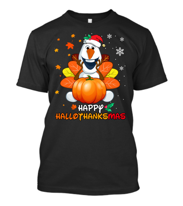 Happy Hallothanksmas Olaf Pumpkin Snowman Santa Hat Snowflakes T-Shirt