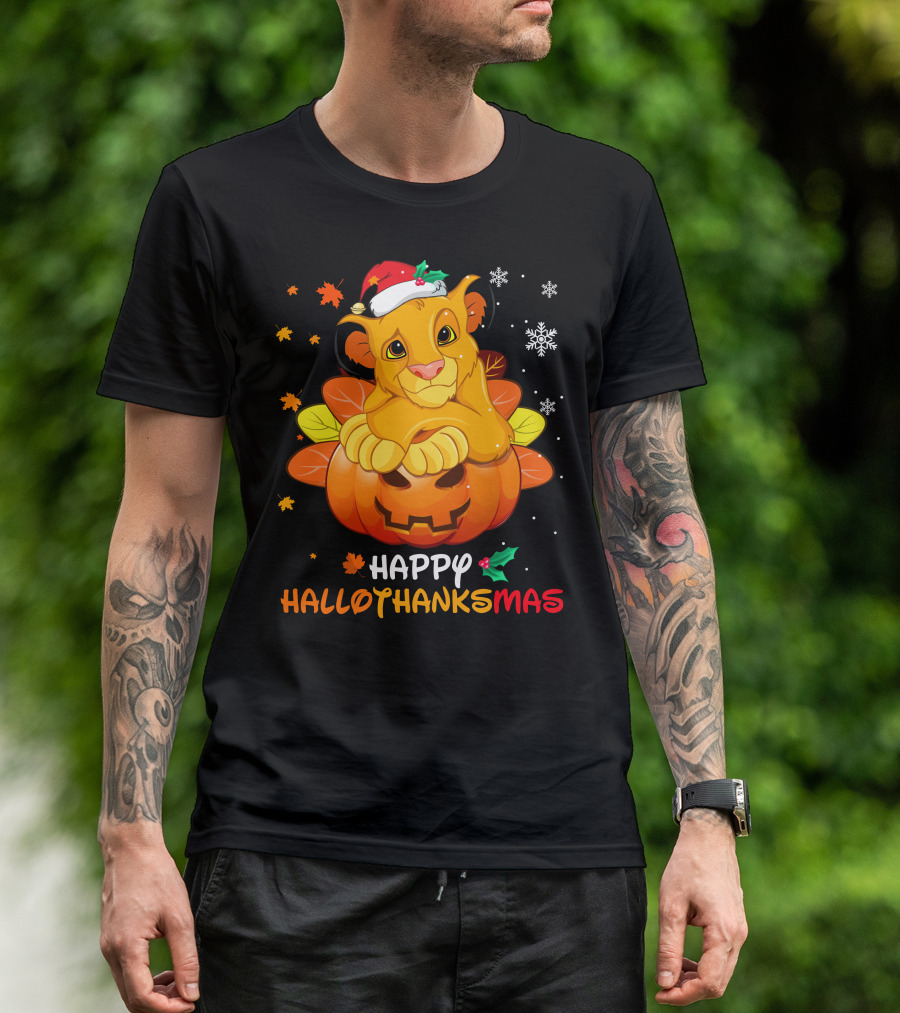 Happy Hallothanksmas Simba Pumpkin Santa Hat Snowflakes T-Shirt