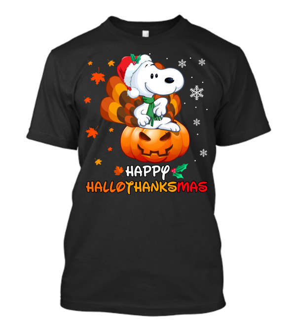 Snoopy Happy Hallothanksmas Pumpkin Snowflakes Santa Hat Scarf T-Shirt