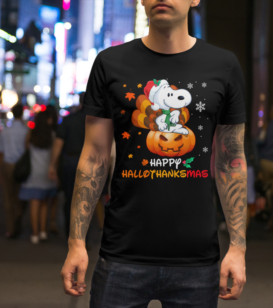 Snoopy Happy Hallothanksmas Pumpkin Snowflakes Santa Hat Scarf T-Shirt