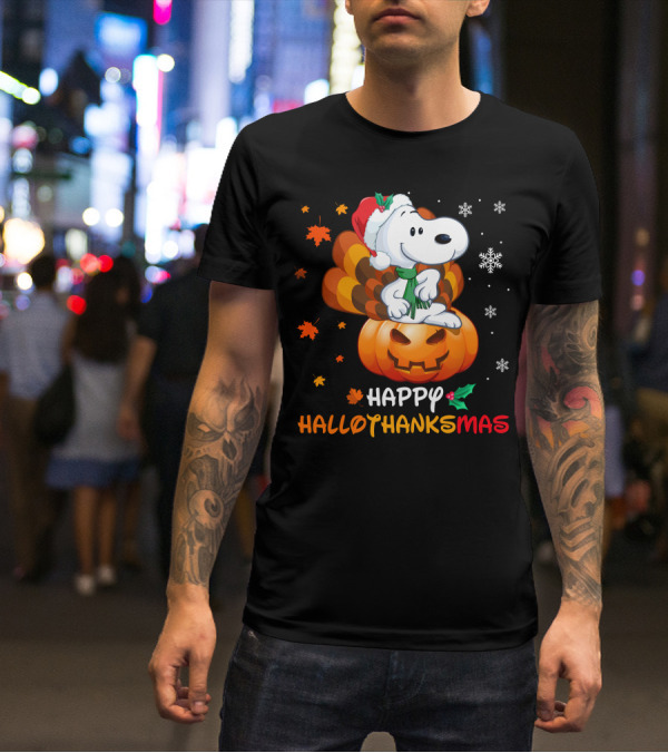 Snoopy Happy Hallothanksmas Pumpkin Snowflakes Santa Hat Scarf T-Shirt