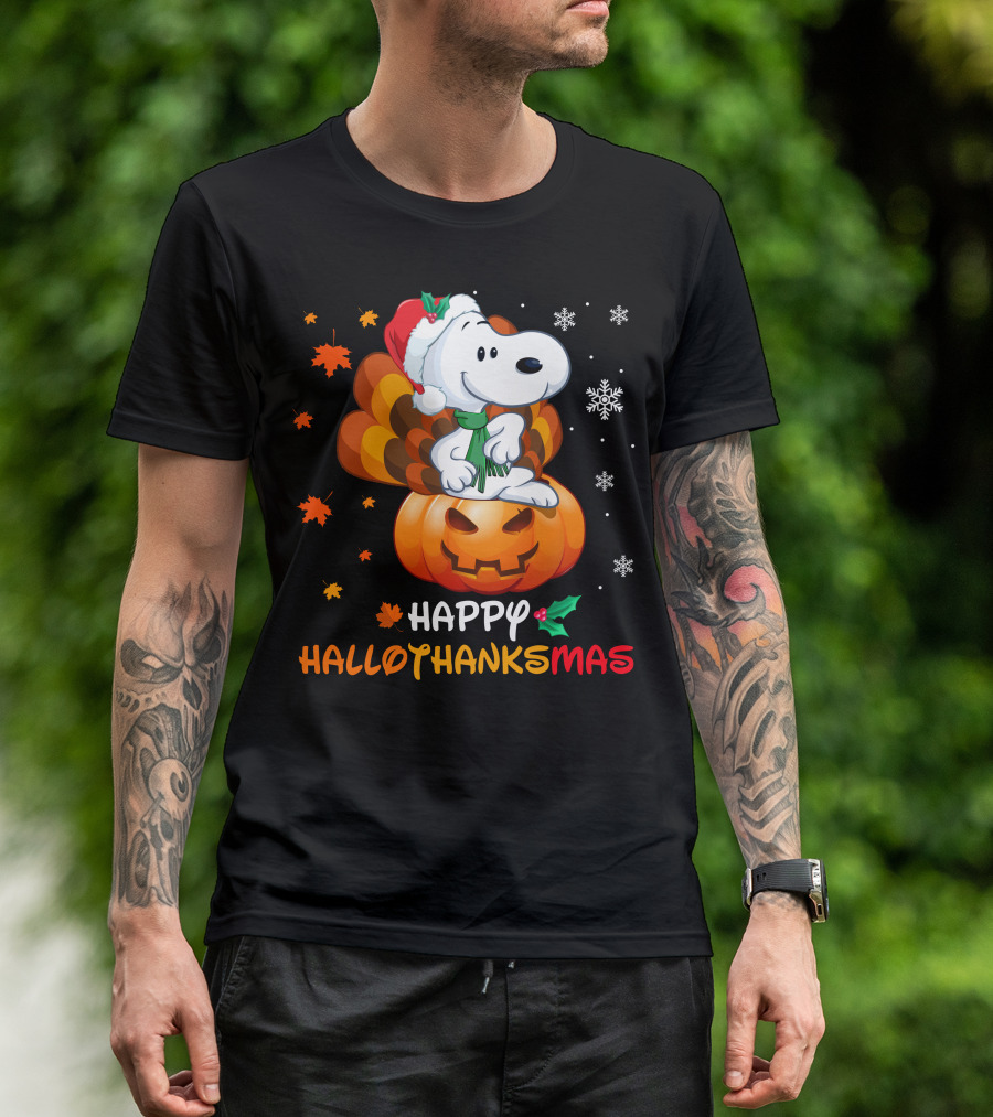 Snoopy Happy Hallothanksmas Pumpkin Snowflakes Santa Hat Scarf T-Shirt