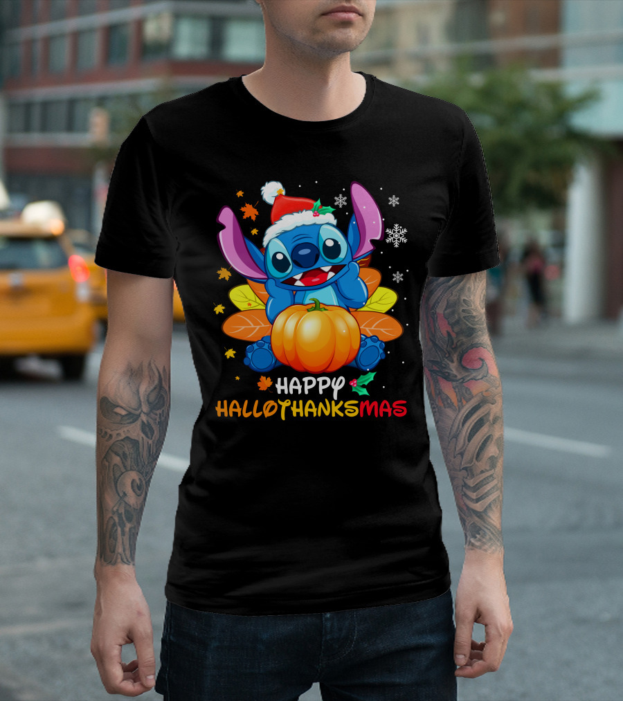 Stitch Happy Hallothanksmas Pumpkin Santa Hat Snowflakes T-Shirt