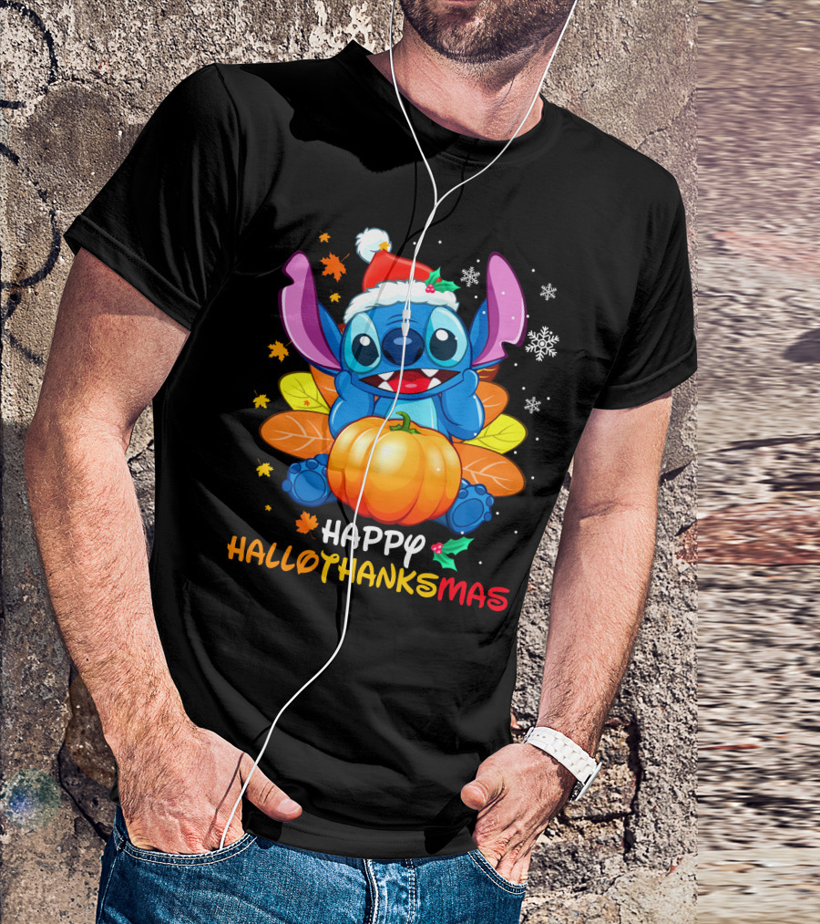 Stitch Happy Hallothanksmas Pumpkin Santa Hat Snowflakes T-Shirt