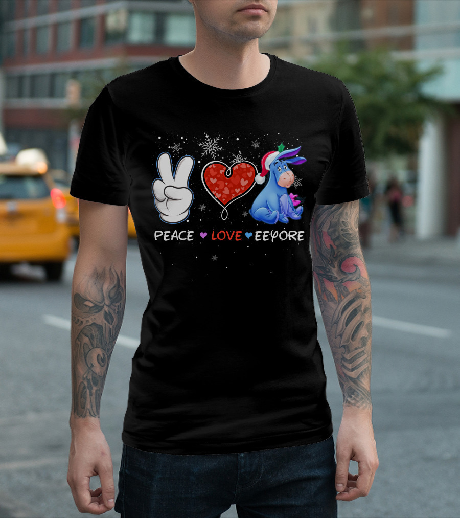 Peace Love Eeyore Santa Hat Winter Snowflakes T-Shirt
