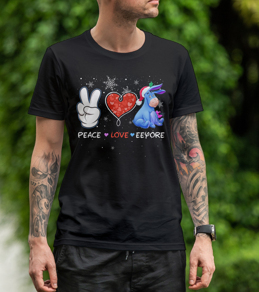 Peace Love Eeyore Santa Hat Winter Snowflakes T-Shirt