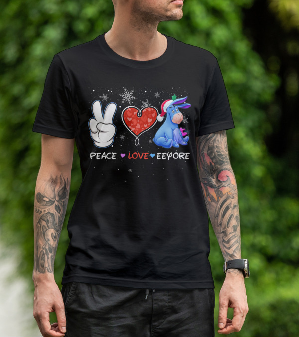 Peace Love Eeyore Santa Hat Winter Snowflakes T-Shirt