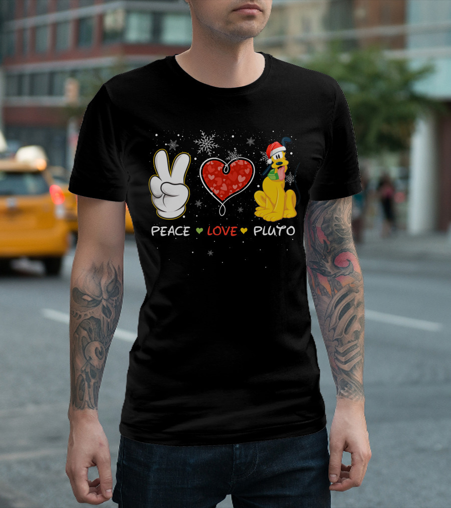Peace Love Pluto Christmas Santa Hat Snowflakes T-Shirt