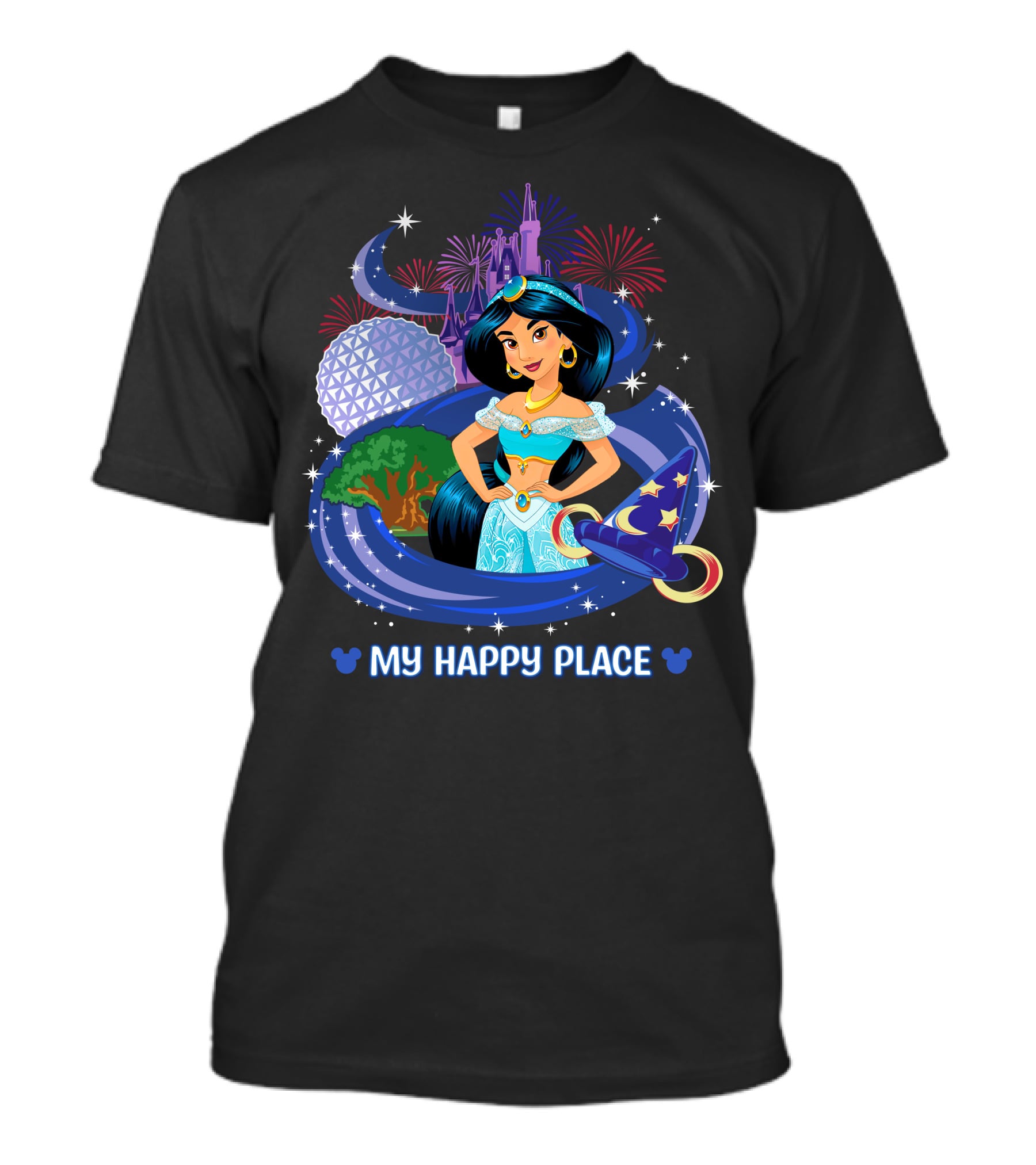 Jasmine My Happy Place Disney Princess Fireworks Magic Castle Mickey Epcot Disney World T-Shirt