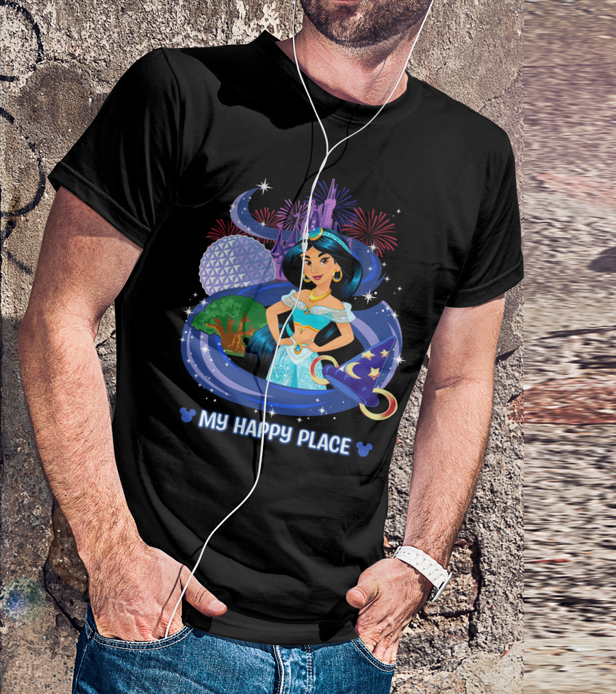 Jasmine My Happy Place Disney Princess Fireworks Magic Castle Mickey Epcot Disney World T-Shirt