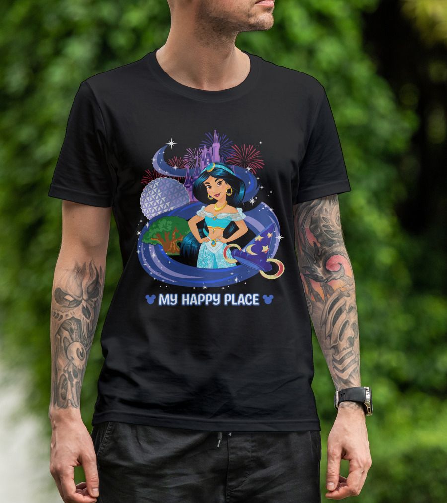 Jasmine My Happy Place Disney Princess Fireworks Magic Castle Mickey Epcot Disney World T-Shirt