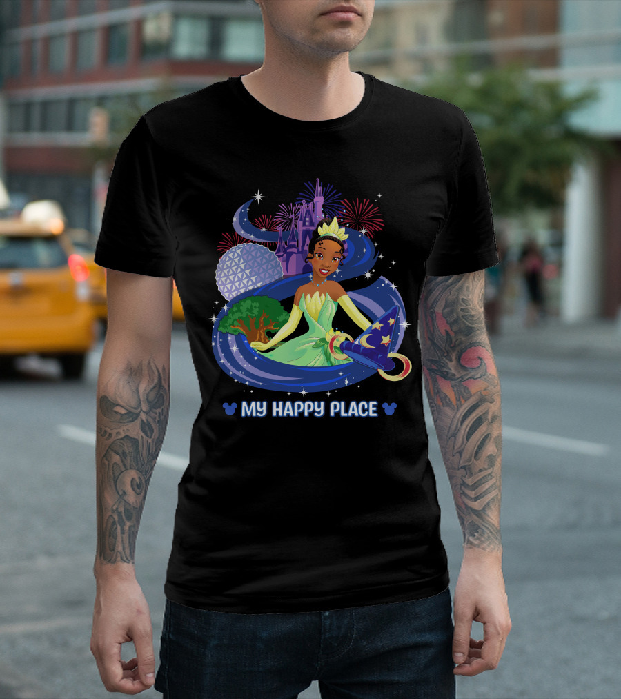 Tiana My Happy Place Disney Parks Epcot Fireworks Castle Sorcerer Hat T-Shirt