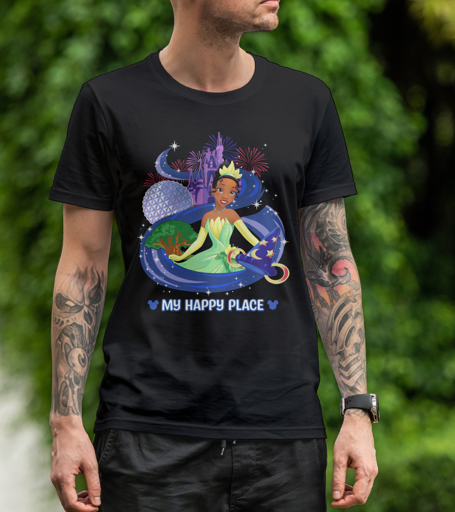 Tiana My Happy Place Disney Parks Epcot Fireworks Castle Sorcerer Hat T-Shirt