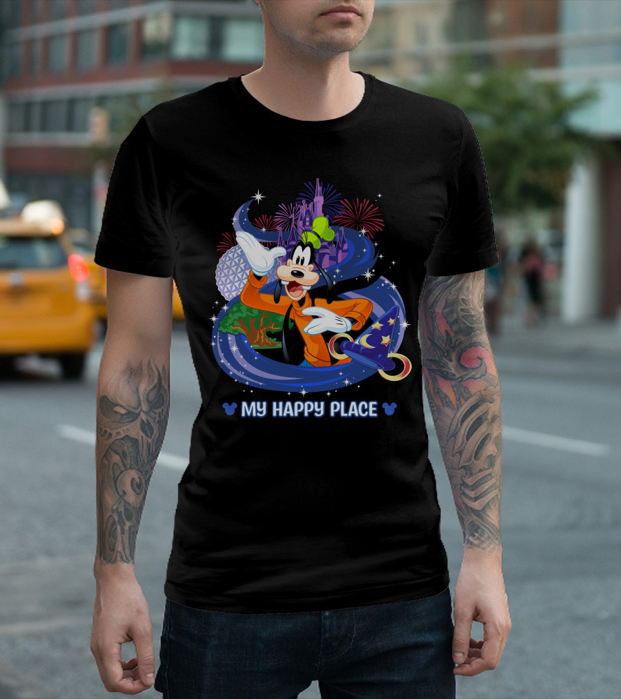 Goofy My Happy Place Disney Fireworks Epcot Sorcerer Mickey's Hat T-Shirt