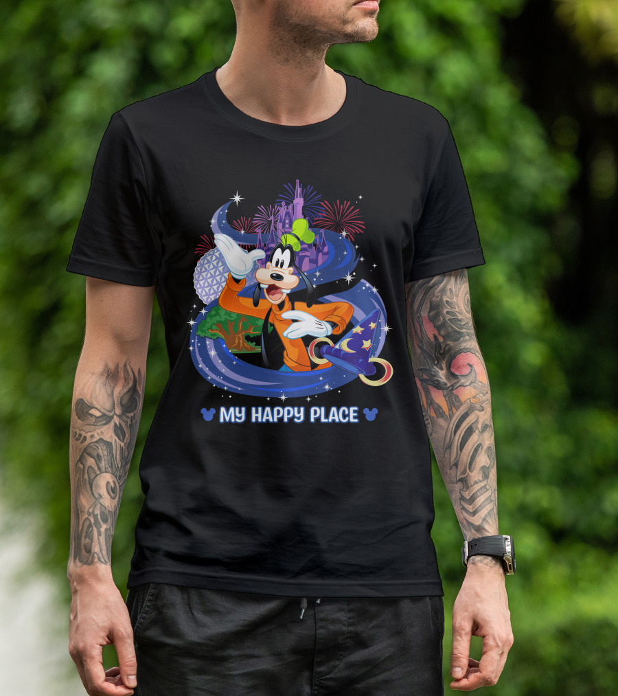 Goofy My Happy Place Disney Fireworks Epcot Sorcerer Mickey's Hat T-Shirt