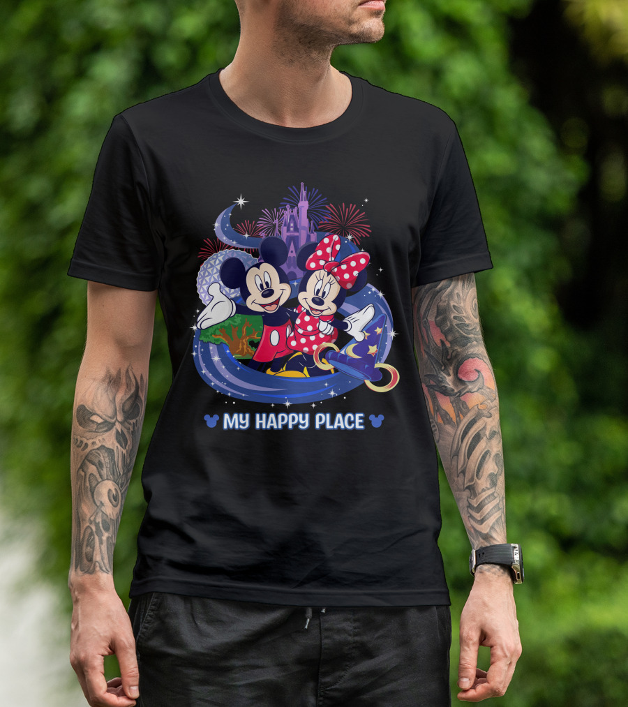 Mickey Minnie My Happy Place Disney Castle Fireworks T-Shirt
