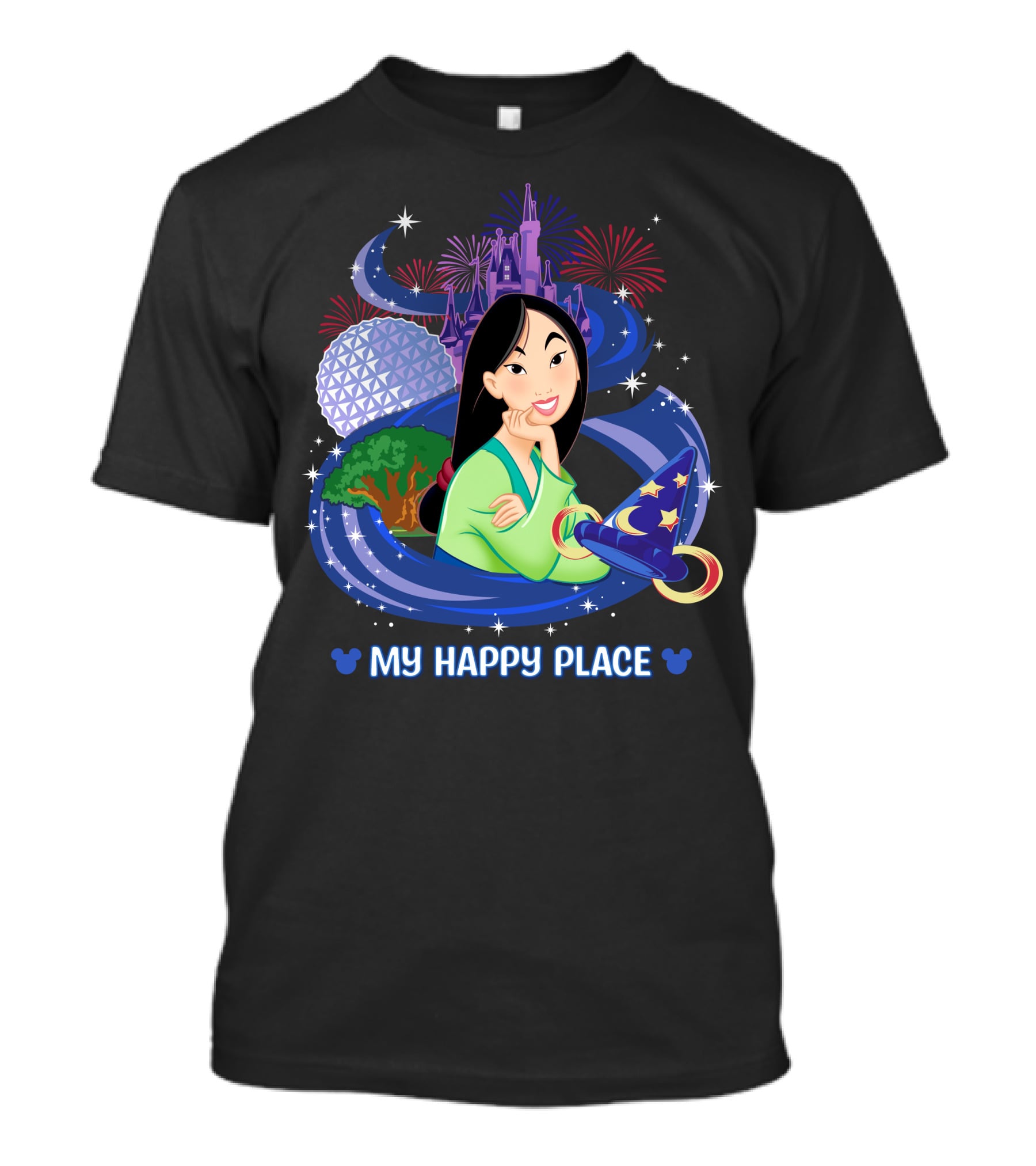 Mulan My Happy Place With Fireworks And Disney World Elements T-Shirt