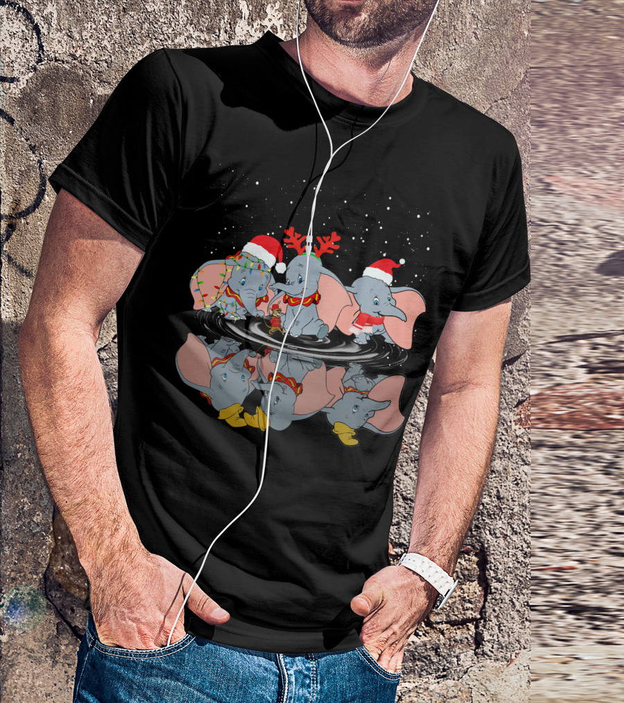 Dumbo Christmas Santa Hats And Reindeer Antlers Snowy Night T-Shirt