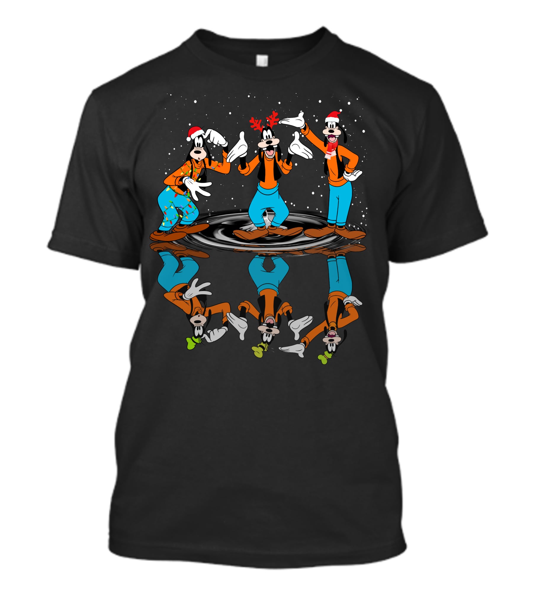 Goofy Christmas Reflection With Santa Hats And Antlers T-Shirt