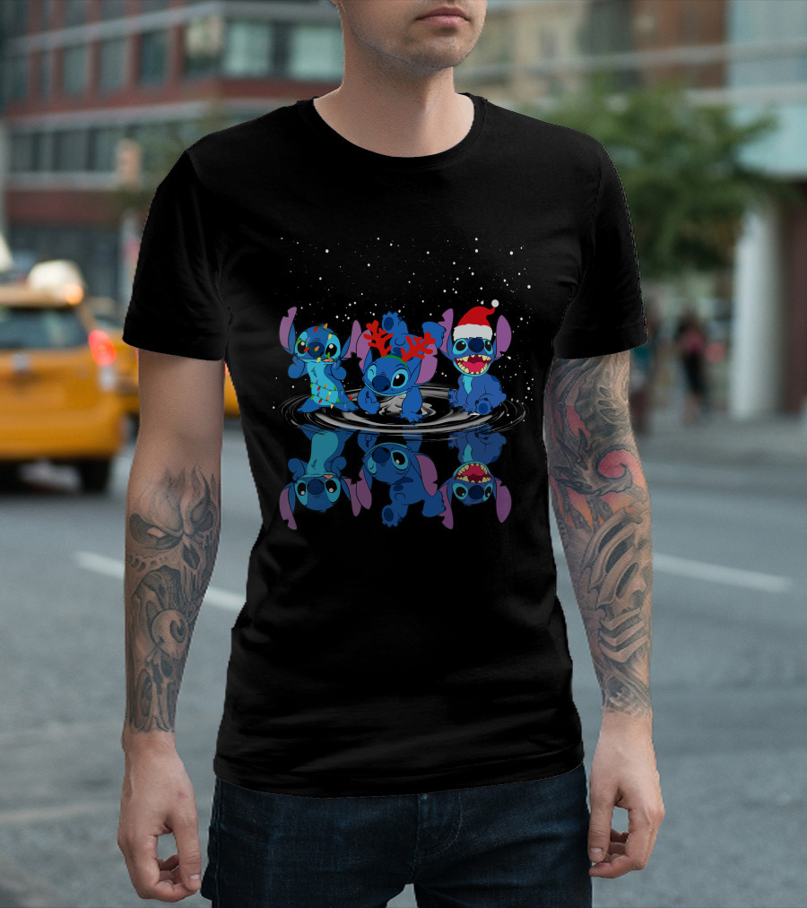 Stitch Christmas Reflections With Santa Hat And Reindeer Antlers T-Shirt