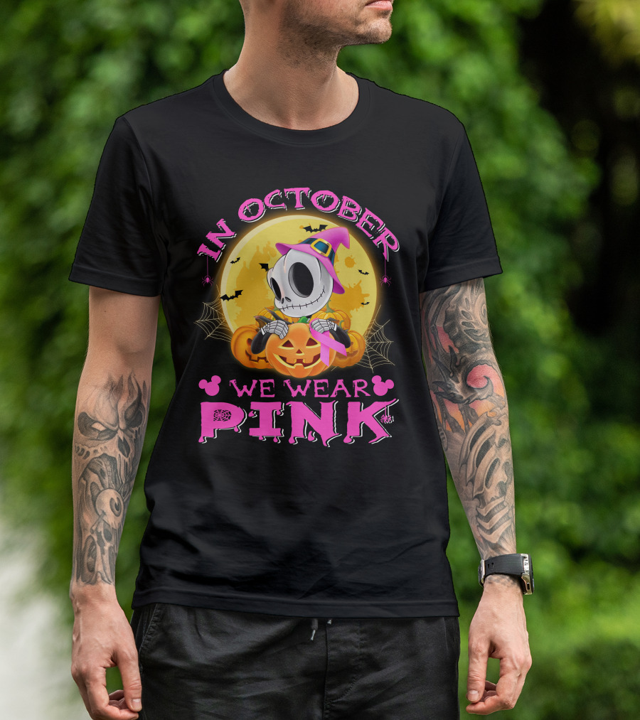 In October We Wear Pink Halloween Pumpkin Skeleton T-Shirt