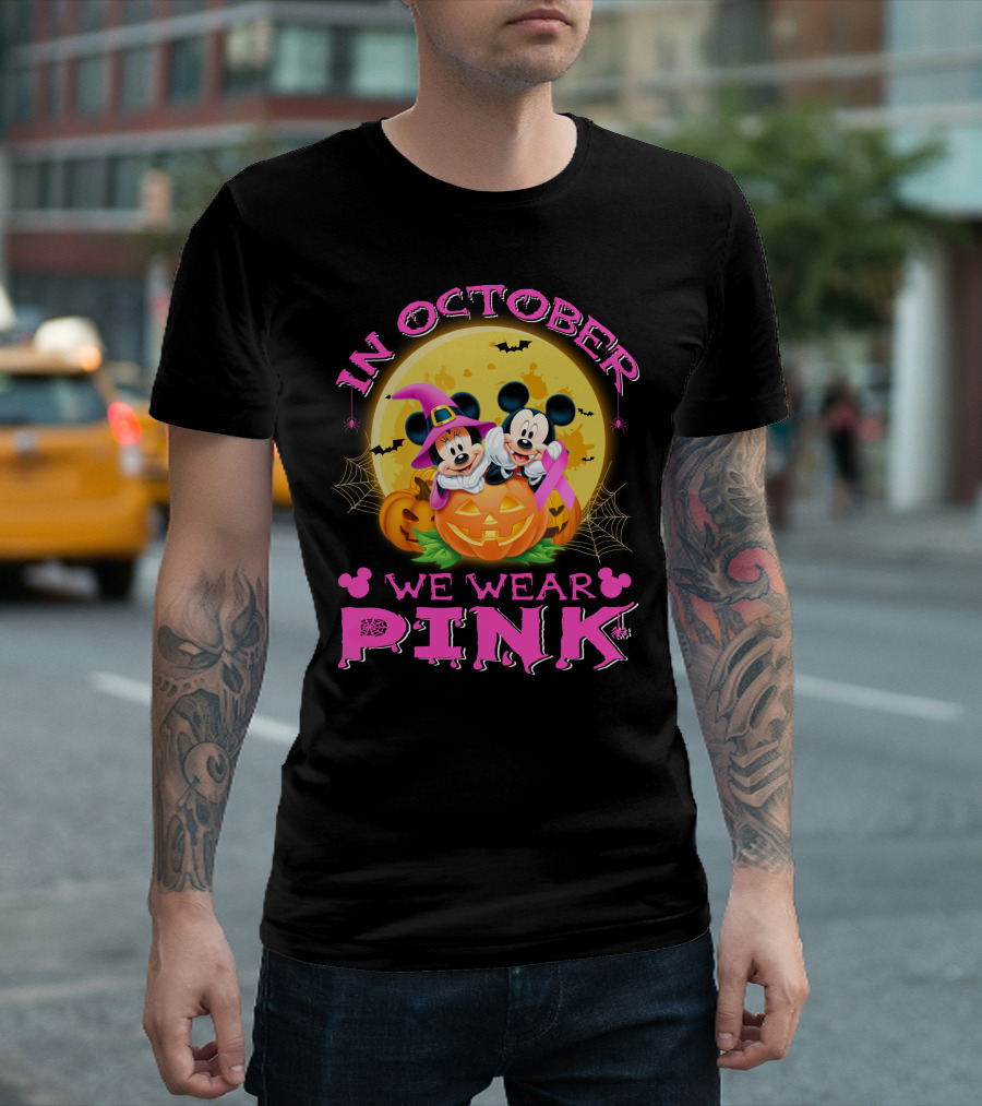In October We Wear Pink Mickey And Minnie Halloween Pumpkin T-Shirt