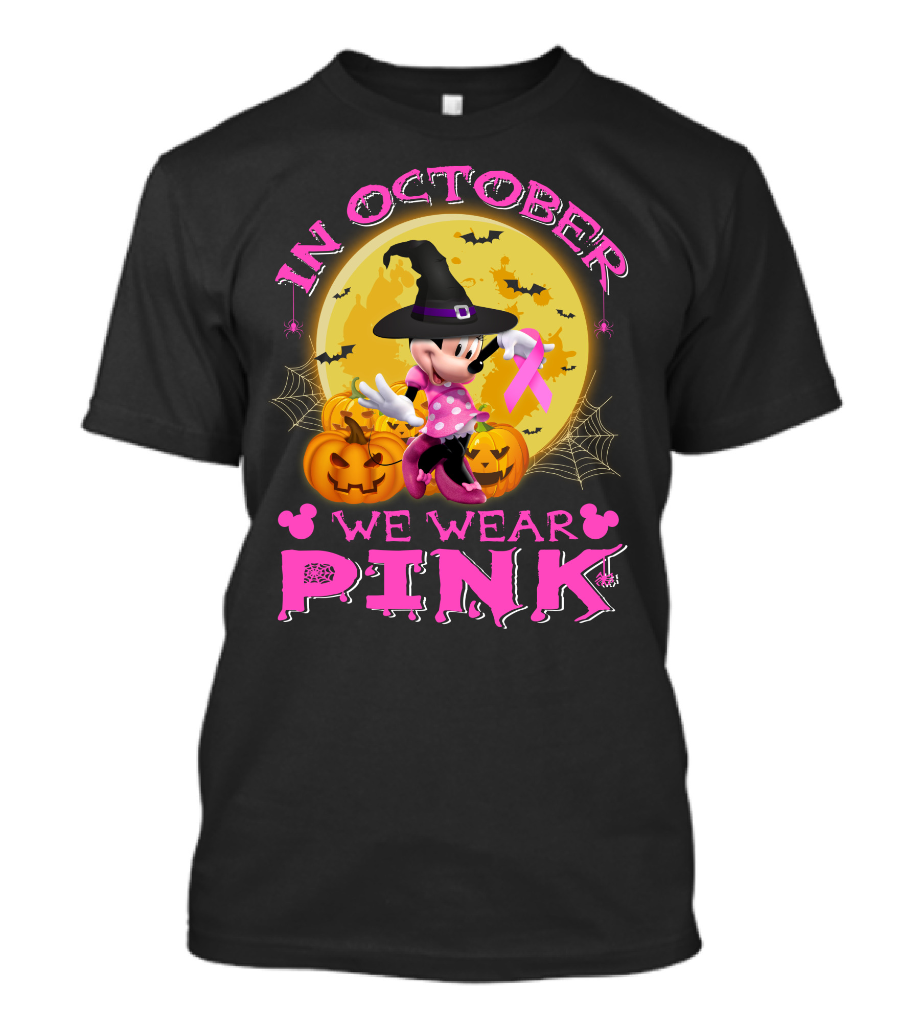 Minnie In October We Wear Pink Halloween Pumpkins Bats T-Shirt