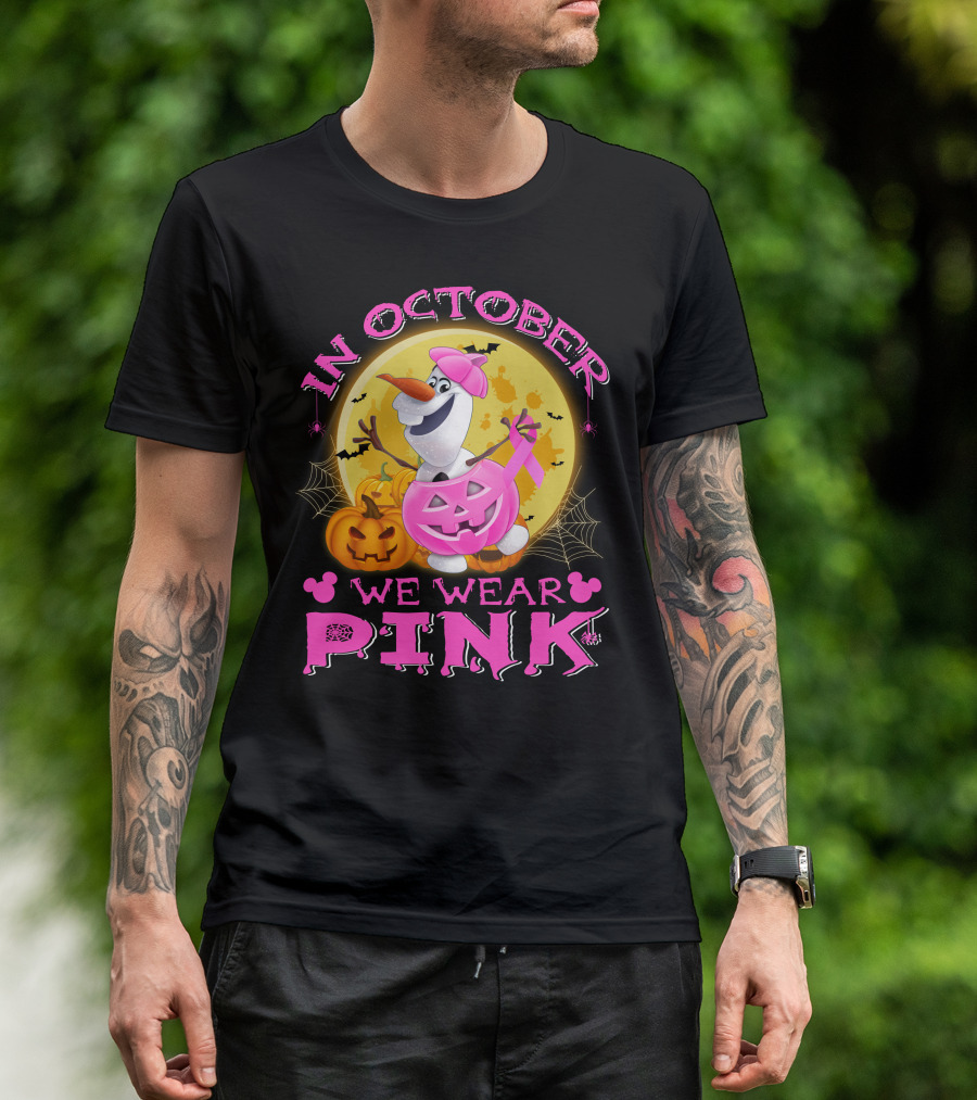 In October We Wear Pink Olaf Halloween Pumpkins And Bats T-Shirt