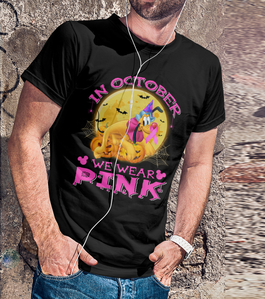 In October We Wear Pink Pluto Halloween Pumplin Bat Webs T-Shirt