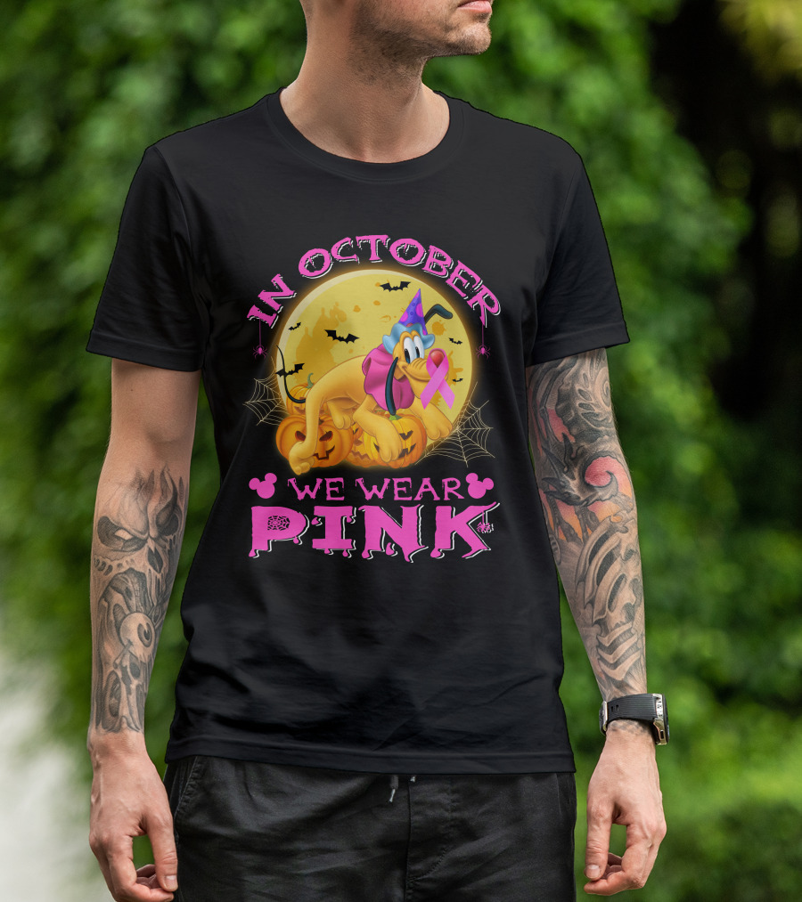 In October We Wear Pink Pluto Halloween Pumplin Bat Webs T-Shirt