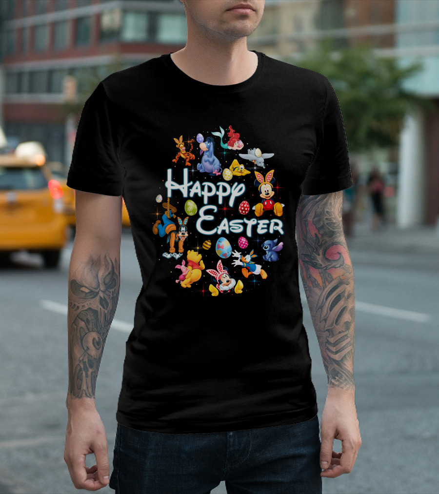 Happy Easter Disney Mickey Minnie Winnie Stitch Goofy Eeyore Ariel Dumbo Tigger T-Shirt