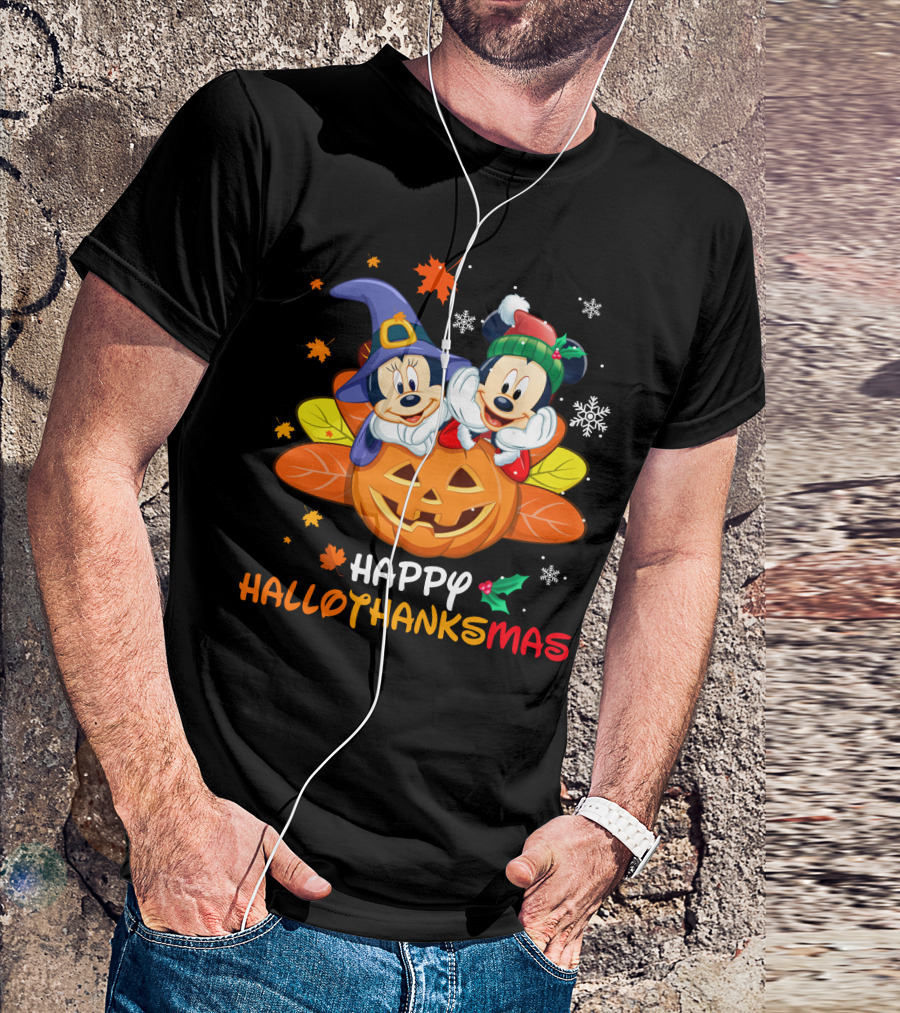 Happy Hallothanksmas Mickey Minnie Jack-O'-Lantern Holly Snowflakes Leaves T-Shirt