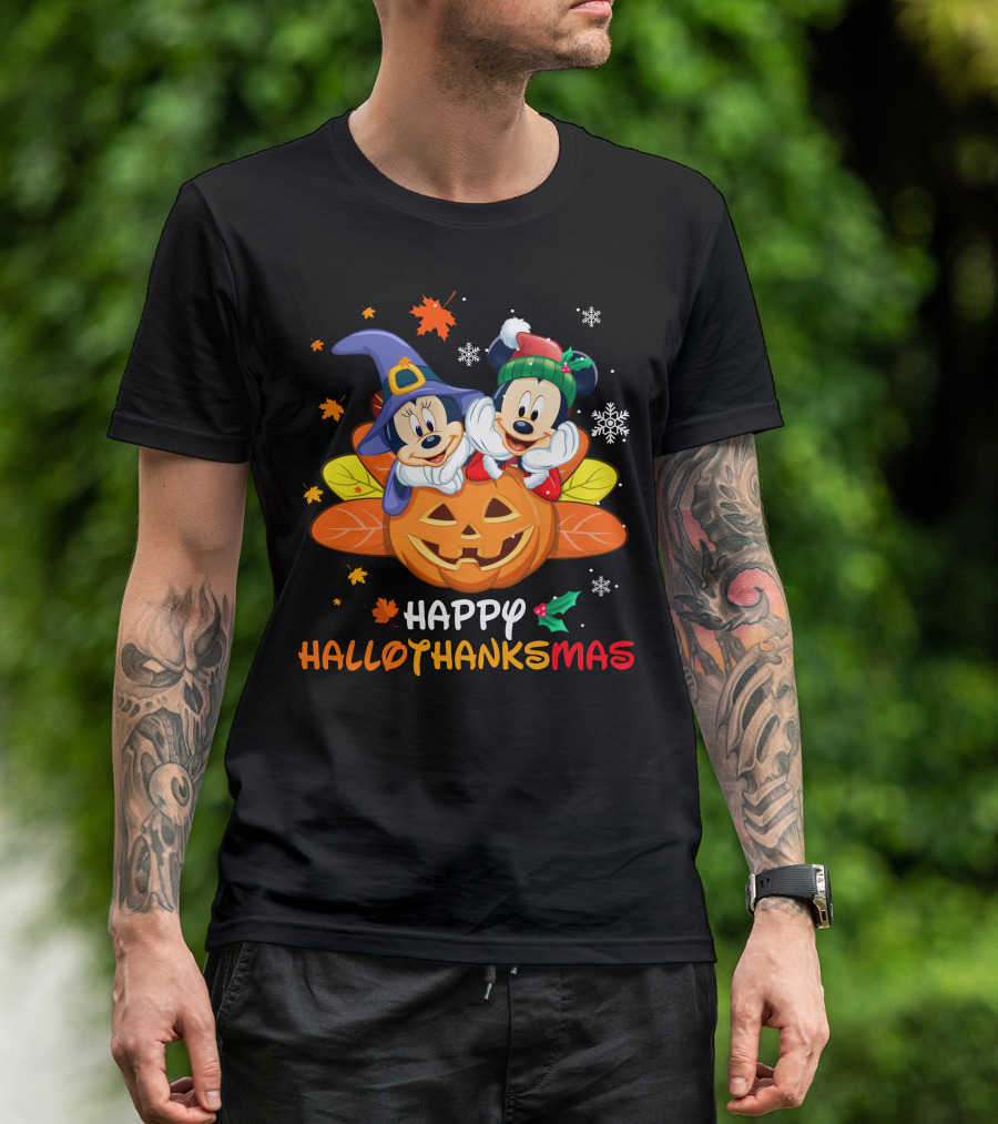 Happy Hallothanksmas Mickey Minnie Jack-O'-Lantern Holly Snowflakes Leaves T-Shirt