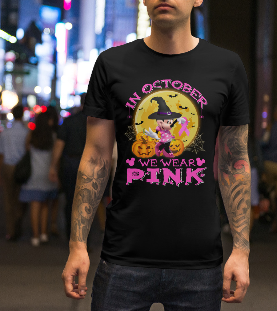 In October We Wear Pink Minnie Halloween Breast Cancer Awareness T-Shirt