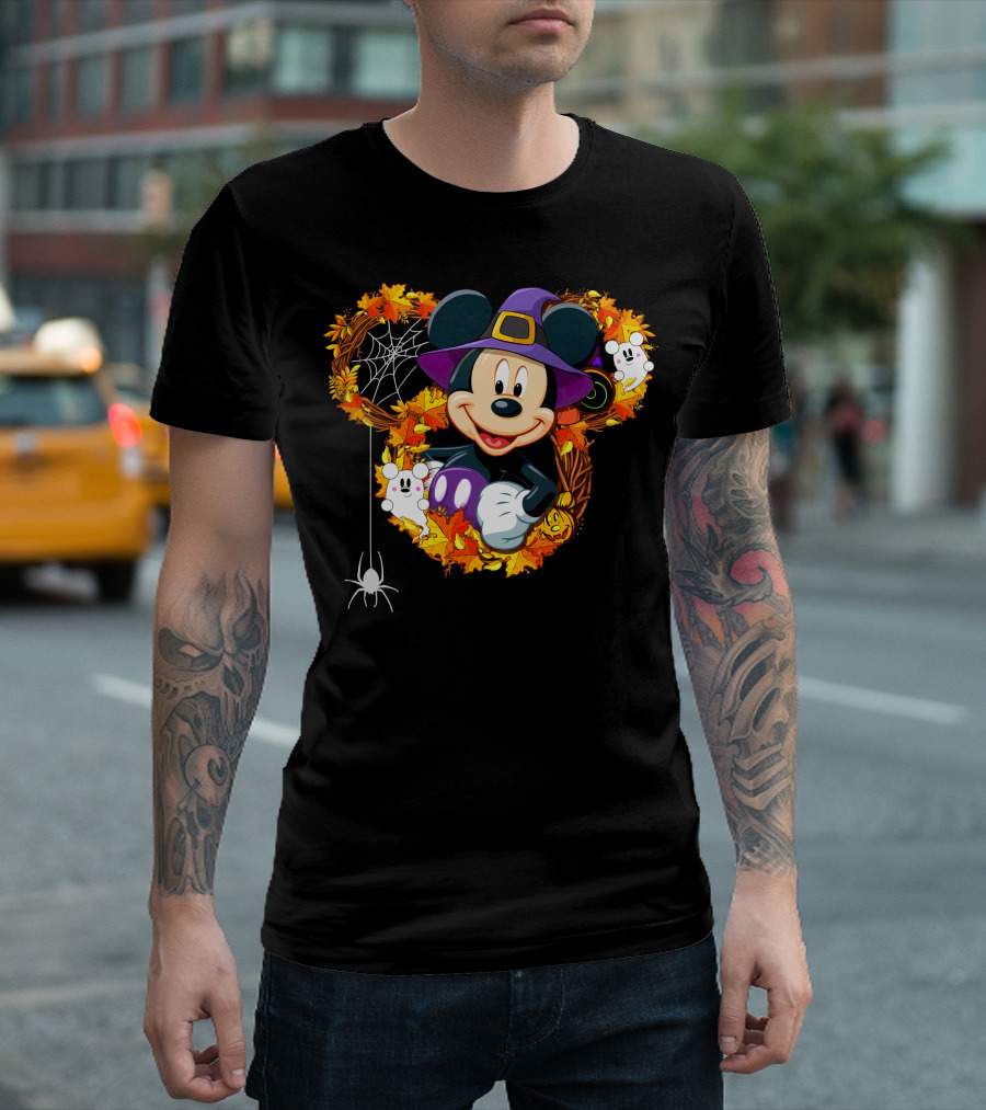 Mickey Halloween Wreath Witch Hat Spiderweb Ghosts Pumpkins Leaves T-Shirt